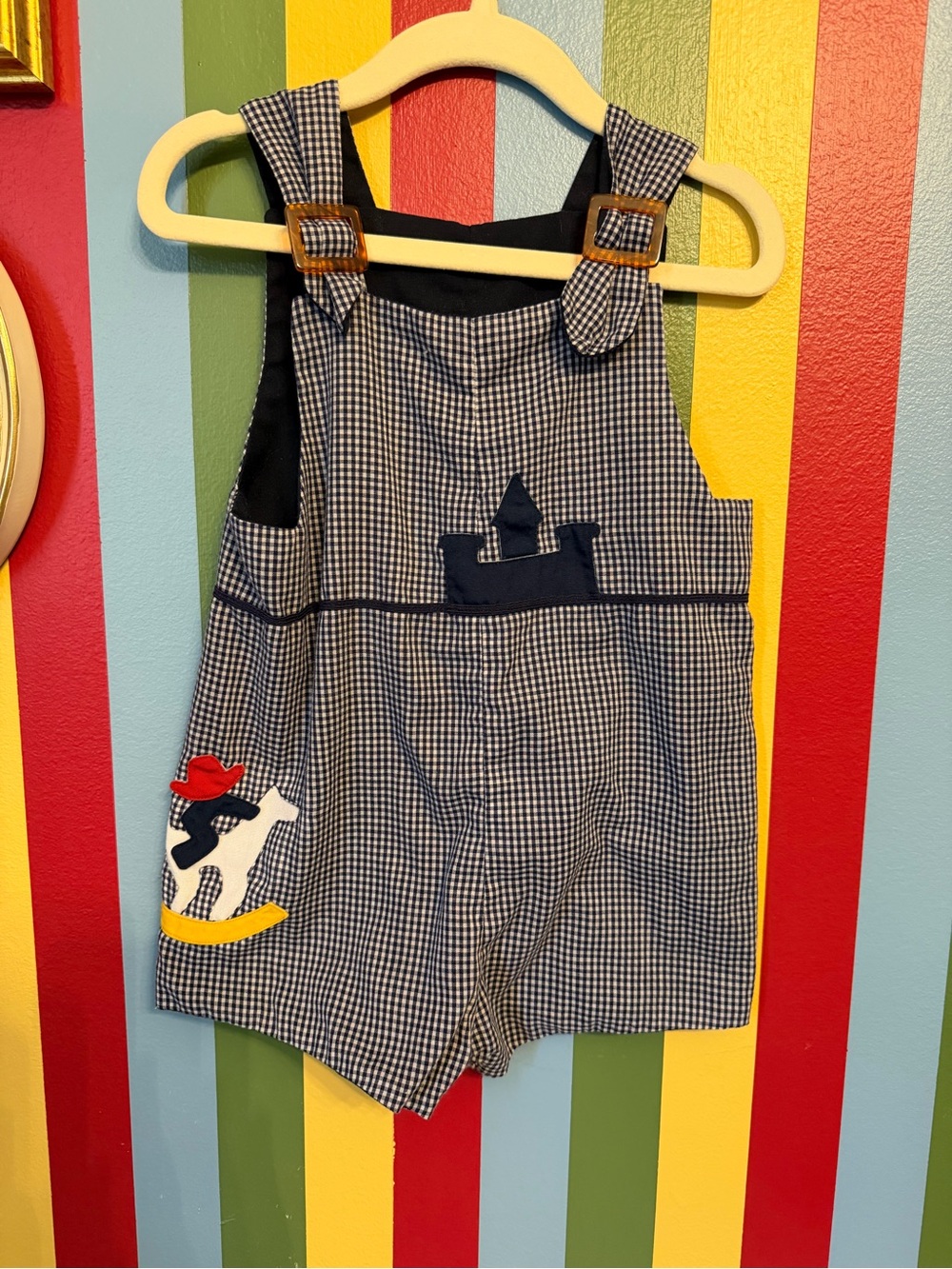 Vintage 1980’s Reversible Navy Gingham Romper with Appliqué